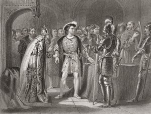Lord Thomas Fitzgerald wyrzeka się wierności Henrykowi VIII w 1534 r., z „Historii Irlandii” Thomasa Wrighta, opublikowanej ok. 1854 r.