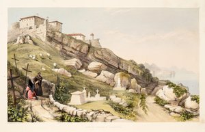 Miejsce pochówku brytyjskich oficerów na Wzgórzu Zamkowym San Sebastian, ze Szkiców scenerii w baskijskich prowincjach Hiszpanii, z wyborem muzyki narodowej?, wyd. 1838 (ręcznie kolorowane grawerowanie)