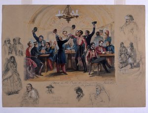 Scena w Cafe du Commerce Valetta, „Umierając za ojczyznę”, Malta, 1854 (wc i ołówek na papierze) autorstwa Henry Wilkinson
