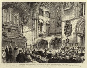 Jego Wysokość Książę Walii podczas ponownego otwarcia północnego transeptu kościoła św. Bartłomieja Wielkiego w West Smithfield przez arcybiskupa Canterbury autorstwa Henry William Brewer