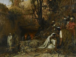 Chrześcijańscy prześladowcy przy wejściu do katakumb, 1874 autorstwa Henryk Siemiradzki