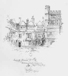 Brasenose College, Oxford, ukazujący wejście do pokoi angielskiego duchownego i pisarza Reginalda Hebera (litografia) autorstwa Herbert (after) Railton