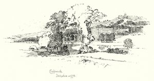 Chatsworth, Derbyshire, w 1775 roku (lito) autorstwa Herbert (after) Railton