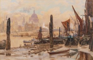 Zacumowane barki na Tamizie; St Pauls i most Blackfriars w oddali autorstwa Herbert Menzies Marshall