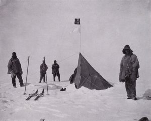 „To była czarna flaga, norweska flaga. Amundsen był pierwszy na maszcie” (zdjęcie czarno-białe) autorstwa Herbert Ponting