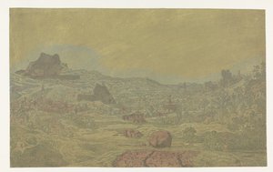 Dolina z rzeką i miasto z czterema wieżami autorstwa Hercules Segers