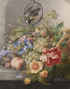 Martwa natura z kwiatami, owocami, bogatka i myszką. Około 1700-10