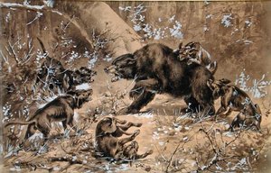 Bear Hunt (akwarela i chińska biel na papierze) autorstwa Herman Wendleborg Hansen