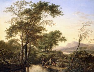 Rozległy włoski krajobraz rzeczny z podróżnikami przy basenie, 1646