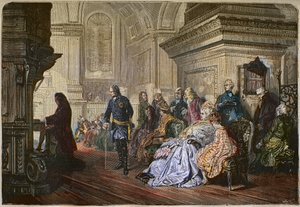 Król pruski Fryderyk II Wielki (1712-1786) słucha grającego na dworze kompozytora Jana Sebastiana Bacha, rycina wg obrazu Kaulbacha - Fryderyk II Wielki, król pruski, słucha Jana Sebastiana Bacha przy organach, Sanssouci