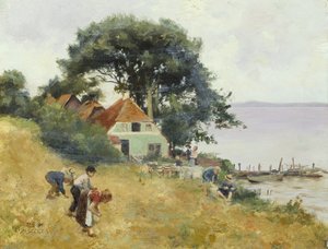 Dzieci zbierające się nad jeziorem, ok. 1900-10 (olej na panelu) autorstwa Hermann Seeger