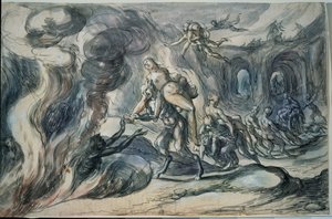 Eurydice w zaświatach (Eurydice w piekle). Obraz Hermanna Weyera (1596-około 1621). Akwarela i tusz na papierze, 20,9 x 32,2 cm