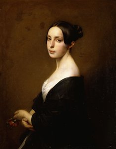 Portret damy, do połowy długości w czarnej sukience i trzymającej goździka,