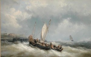 Lugger wjeżdżający do portu podczas burzy (olej na płótnie)