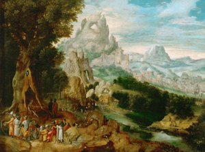 Paysage avec Saint Jean Baptiste prechant - Krajobraz z przepowiadaniem św. Jana Chrzciciela, autorstwa Herri met de Bles (Henri Bles) (1510-1550). Olej na drewnie, ok. 1535-1540. Wymiar : 29x39 cm. Muzeum Historii Sztuki, Wiedeń
