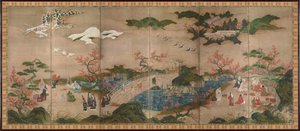 Les spectators des erables (Mapple Viewers) - Sześciopanelowy ekran - Praca Kano Hideyori (aktywny 1565-1576), akwarela i tusz na papierze - Sztuka japońska autorstwa Hideyori Kano
