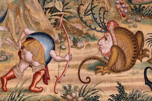 Flamandzki gobelin. Seria Cztery arrasy według Hieronima Boscha. Św. Antoni w modlitwie (San Antonio en oración). Drugi gobelin w serii. Model Zainspirowany twórczością Hieronima Boscha. Manufaktura Nieznany warsztat, Bruksela. Przed 1560. Tkanina Go