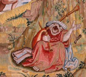 Flamandzki gobelin. Seria Cztery arrasy według Hieronima Boscha. Św. Antoni w modlitwie (San Antonio en oración). Drugi gobelin w serii. Model Zainspirowany twórczością Hieronima Boscha. Manufaktura Nieznany warsztat, Bruksela. Przed 1560. Tkanina Go