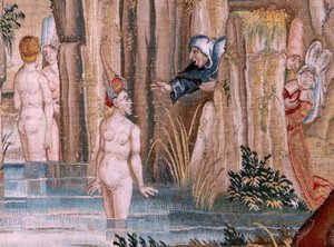 Flamandzki gobelin. Seria Cztery arrasy według Hieronima Boscha. Św. Antoni w modlitwie (San Antonio en oración). Drugi gobelin w serii. Model Zainspirowany twórczością Hieronima Boscha. Manufaktura Nieznany warsztat, Bruksela. Przed 1560. Tkanina Go autorstwa Hieronymus (after) Bosch