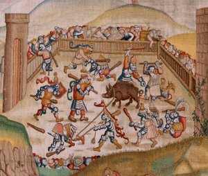 Flamandzki gobelin. Seria Cztery arrasy według Hieronima Boscha. Św. Marcin (San Martín). Pierwszy gobelin z serii. Model Zainspirowany twórczością Hieronima Boscha. Manufaktura Nieznany warsztat, Bruksela. Przed 1560. Tkanina Złoto, srebro, jedwab i woo autorstwa Hieronymus (after) Bosch