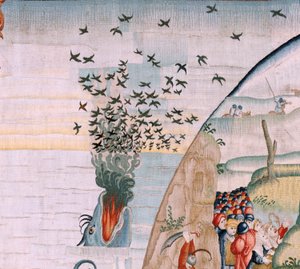 Flamandzki gobelin. Seria Cztery arrasy według Hieronima Boscha. Utrapienia ludzkiego życia (Tribulaciones de la vida humana). Trzeci gobelin w serii. Model Zainspirowany twórczością Hieronima Boscha. Manufaktura Nieznany warsztat, Bruksela. przed 1560 autorstwa Hieronymus (after) Bosch