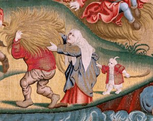 Flamandzki gobelin. Seria Cztery arrasy według Hieronima Boscha. Utrapienia ludzkiego życia (Tribulaciones de la vida humana). Trzeci gobelin w serii. Model Zainspirowany twórczością Hieronima Boscha. Manufaktura Nieznany warsztat, Bruksela. przed 1560