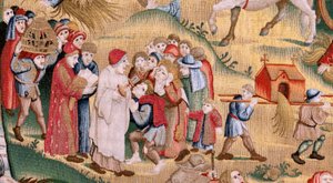Flamandzki gobelin. Seria Cztery arrasy według Hieronima Boscha. Utrapienia ludzkiego życia (Tribulaciones de la vida humana). Trzeci gobelin w serii. Model Zainspirowany twórczością Hieronima Boscha. Manufaktura Nieznany warsztat, Bruksela. przed 1560 autorstwa Hieronymus (after) Bosch