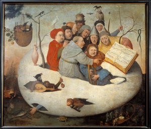 Koncert w jajku Satyra na alchemię symbolizowana przez filozoficzne jajko. Obraz wg Hieronima Van Aekena (Aken) dit Jerome Bosch (1450-1516) XV w. Ndz. 1,08x1,26 m Lille, musee des Beaux Arts. - Koncert w jajku. Satyra z alchemii sym