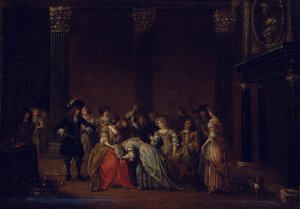 Eleganckie towarzystwo we wnętrzu ze sporem małżeńskim (olej na płótnie) autorstwa Hieronymus (follower of) Janssens