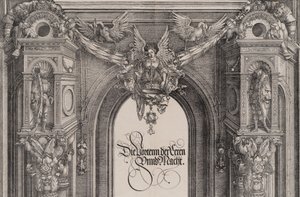 Górna część wejścia do portalu centralnego z uskrzydloną postacią trzymającą I..., 1515. autorstwa Hieronymus Andreae