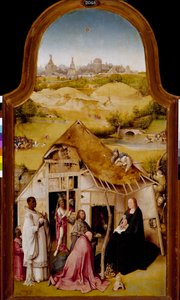 Adoracja Trzech Króli Centralny panel tryptyku Objawienia Pańskiego. Obraz Hieronymusa Van Aekena (Aken) dit Jerome Bosch (1450-1516). 1510-1511. Ciemny. 138x72 cm Madryt. Muzeum Prado. autorstwa Hieronymus Bosch