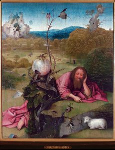 Święty Jan Chrzciciel na pustyni - Obraz Jeronimusa van Akena, autorstwa Jerome (Hieronymus) Bosch (ok. 1450 -1516), olej na drewnie, 48,5x40 cm, ok. 1489 - Madryt, Museo Lazaro Galdiano autorstwa Hieronymus Bosch