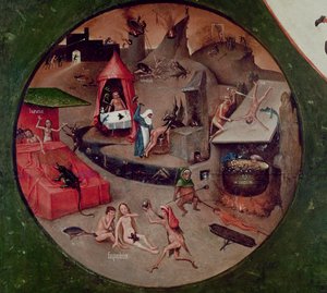Blat siedmiu grzechów głównych i czterech rzeczy ostatecznych, fragment piekła, ok. 1480 (olej na panelu) autorstwa Hieronymus Bosch