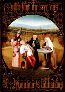 Wydobycie kamienia szaleństwa (cięcie kamienia lub lekarstwo na szaleństwo) - Malarstwo autorstwa Hieronymus Bosch