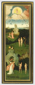 The Haywain: lewe skrzydło tryptyku przedstawiającego Ogród Eden, ok. 1500 (panel) autorstwa Hieronymus Bosch
