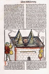 Ilustracja przedstawiająca destylarnię z końca XV wieku do ekstrakcji olejków eterycznych z roślin, 1500