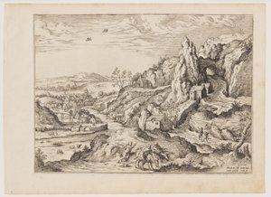 Abraham i Izaak w drodze na ofiarę, z krajobrazów ze scenami biblijnymi i mitologicznymi autorstwa Hieronymus Cock