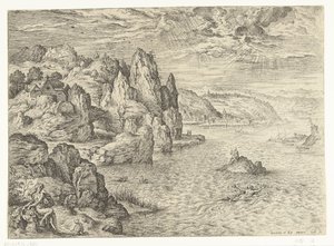 Przybrzeżny krajobraz z Hero i Leander Bohater i Leander Pejzaże ze scenami biblijnymi i mitologicznymi (tytuł serii) autorstwa Hieronymus Cock