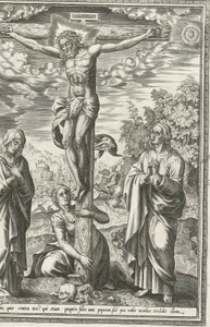 Ukrzyżowanie z Marią, Janem Chrzcicielem i Marią Magdaleną autorstwa Hieronymus Cock