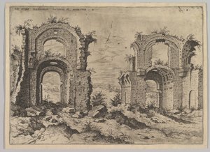 Drugi widok Łaźni Dioklecjana, z zestawu ruin rzymskich, 1550. autorstwa Hieronymus Cock