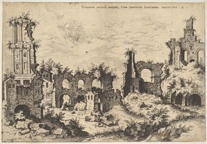 Widok ruin na Wzgórzu Palatyńskim z trabeowaną fasadą po lewej i arkadami pośrodku, fr..., 1550. autorstwa Hieronymus Cock