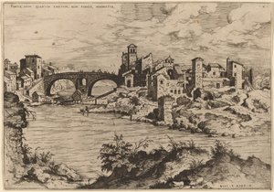Widok na Ponte Quattro Capi i wyspę Tybru autorstwa Hieronymus Cock