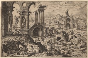 Święty Hieronim w krajobrazie z ruinami autorstwa Hieronymus Cock after Maerten van Heemskerck
