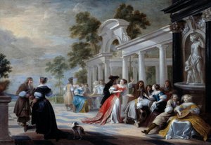 Gra Hot Hand Młodzi ludzie flamandzkiej szlachty bawią się w parku. Obraz Hieronymusa Janssensa dit le Dancer (1624-1693) XVII w. Niedz. 0,58x0,83 m²
