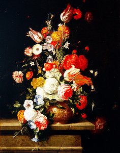 Róże, piwonie, tulipany i hortensja w ozdobnej urnie z brązu (olej na panelu) autorstwa Hieronymus the Elder Galle