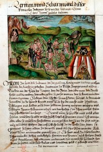Wenezuelczycy atakujący hiszpańskich konkwistadorów, ok. XVI w. autorstwa Hieronyouse Koler