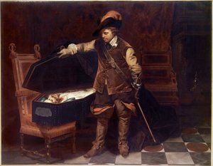 „Oliver Cromwell przed trumną Karola I Stuarta” (1649). Oliver Cromwell (1599-1658) ogłasza proces króla Anglii, który zostanie skazany i ścięty 9 lutego 1649 r. Obraz Paula Delaroche (1797-1856)