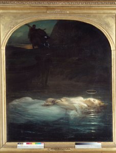 Młode męczeństwo Zwłoki młodego męczennika chrześcijańskiego niosącego aureolę unoszącą się na wodzie. Obraz Paula Delaroche (1797-1856) 1855 Nd. 1,7x1,48 m Paryż, Muzeum Luwru.