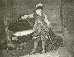 Oliver Cromwell patrzący na zwłoki króla Karola I (grawiura) autorstwa Hippolyte Delaroche