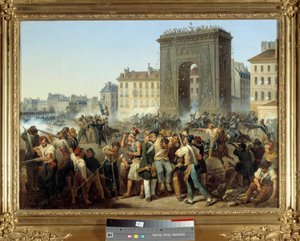 Bitwa pod bramą Saint Denis 28 lipca 1830 Powstanie paryskie podczas rewolucji 1830 lub Trois Glorieuses. Obraz Hippolyte